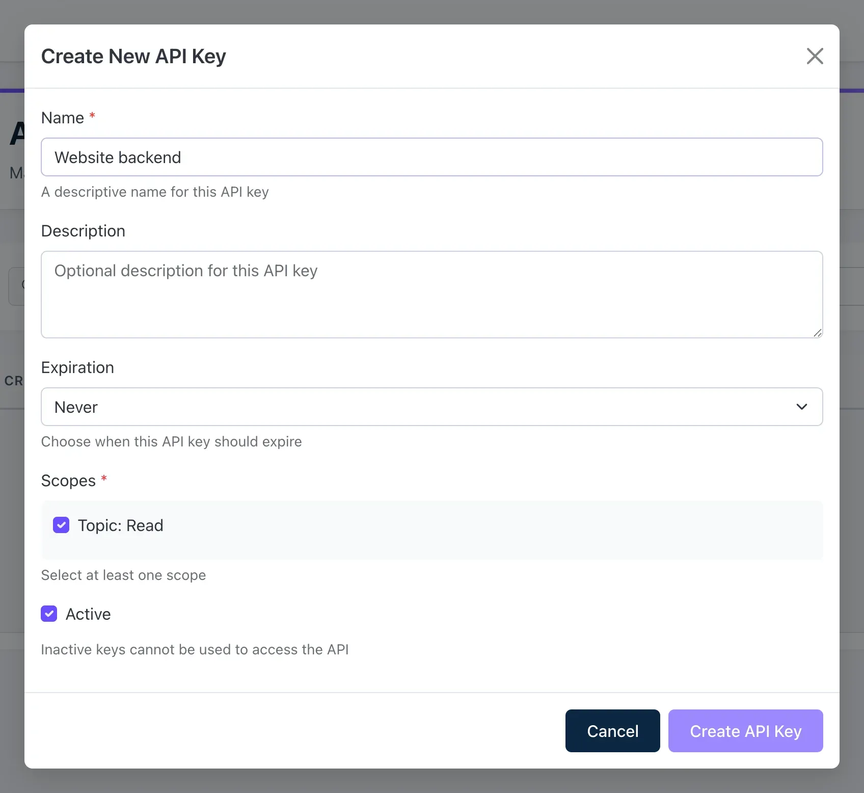 The Create New API Key window
