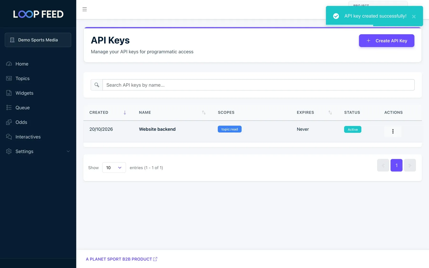 The API Keys list