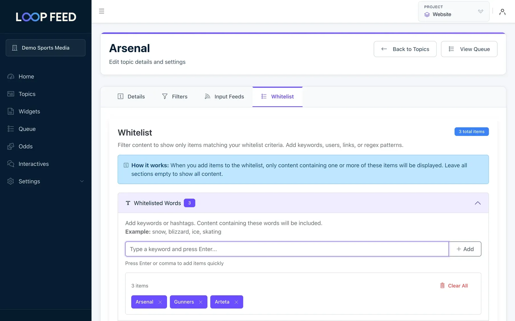 The Whitelist tab with three words