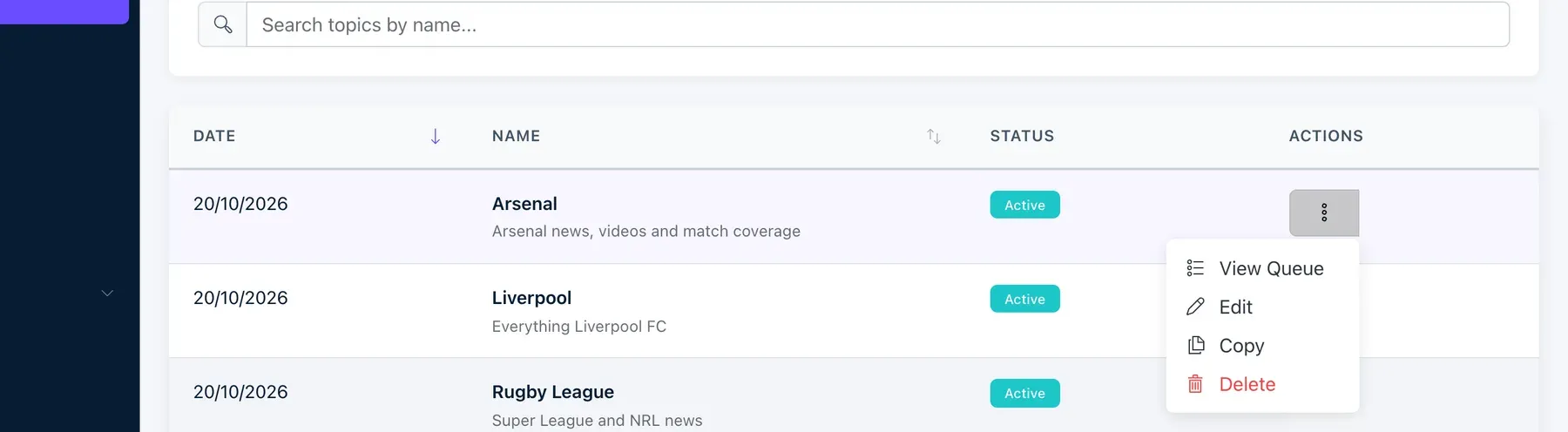 The row menu of a topic