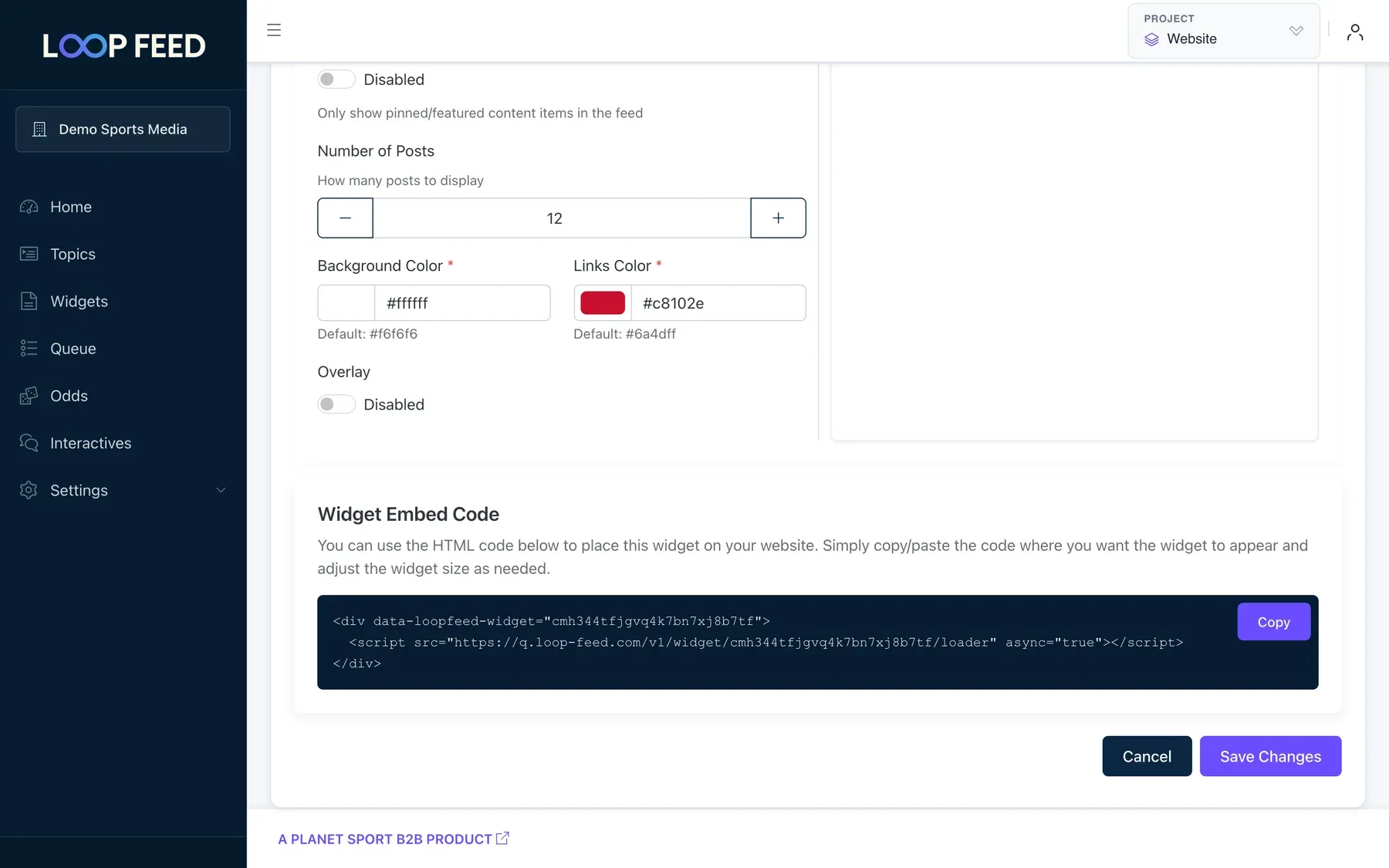 The Widget Embed Code card