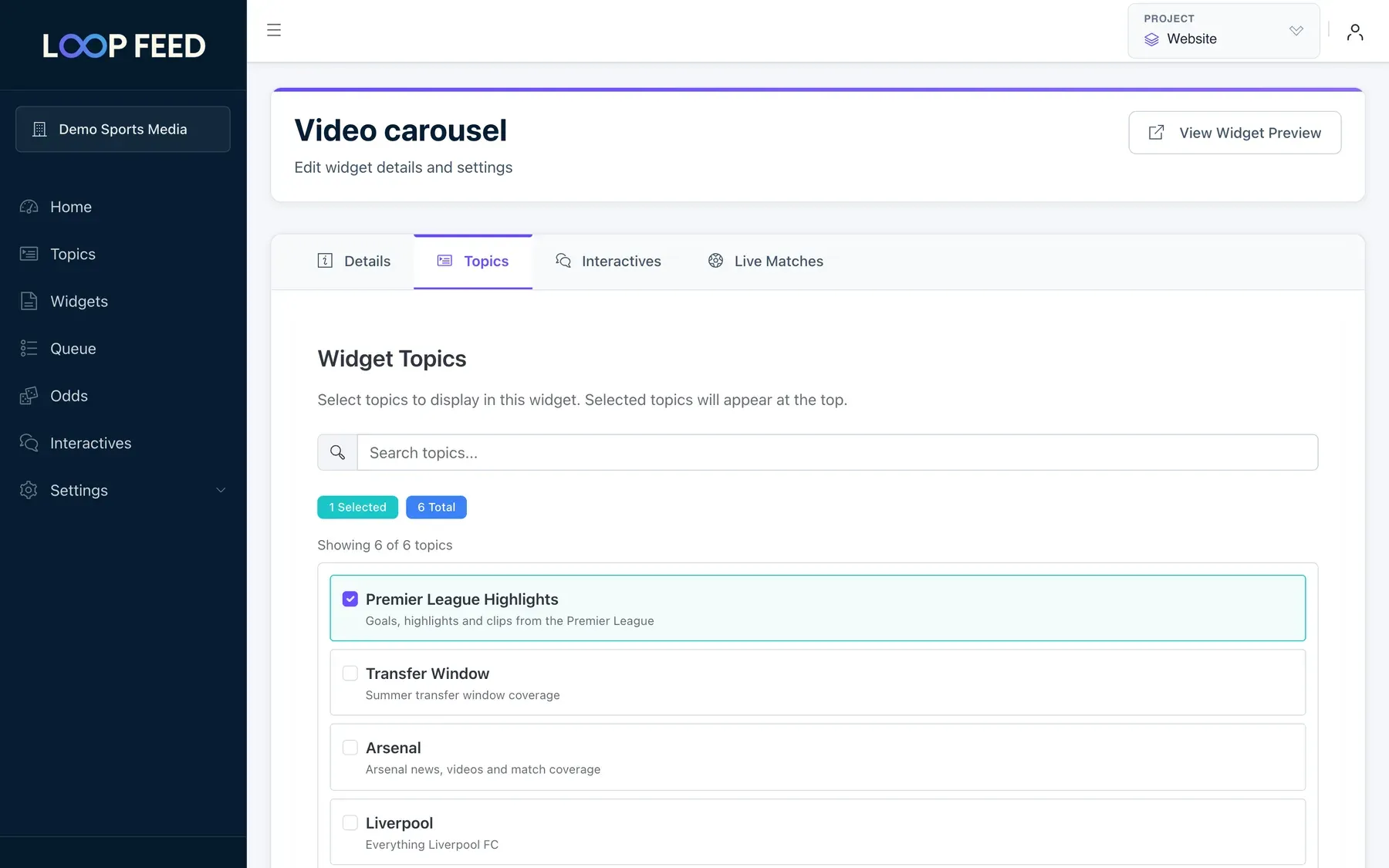 A widget's Topics tab